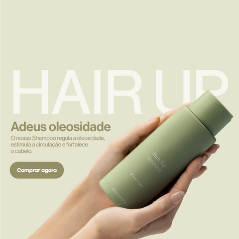 Banner de Página Principal para Mobile com Shampoo Antiqueda Hair Up e menção aos benefícios do mesmo.