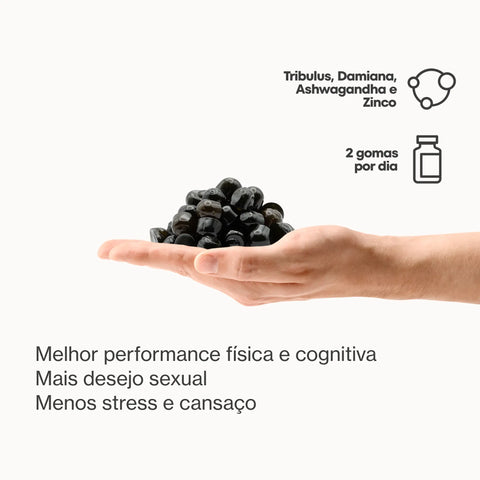 Gomas para Performance Masculina pousadas numa mão com informação adicional sobre ingredientes e benefícios